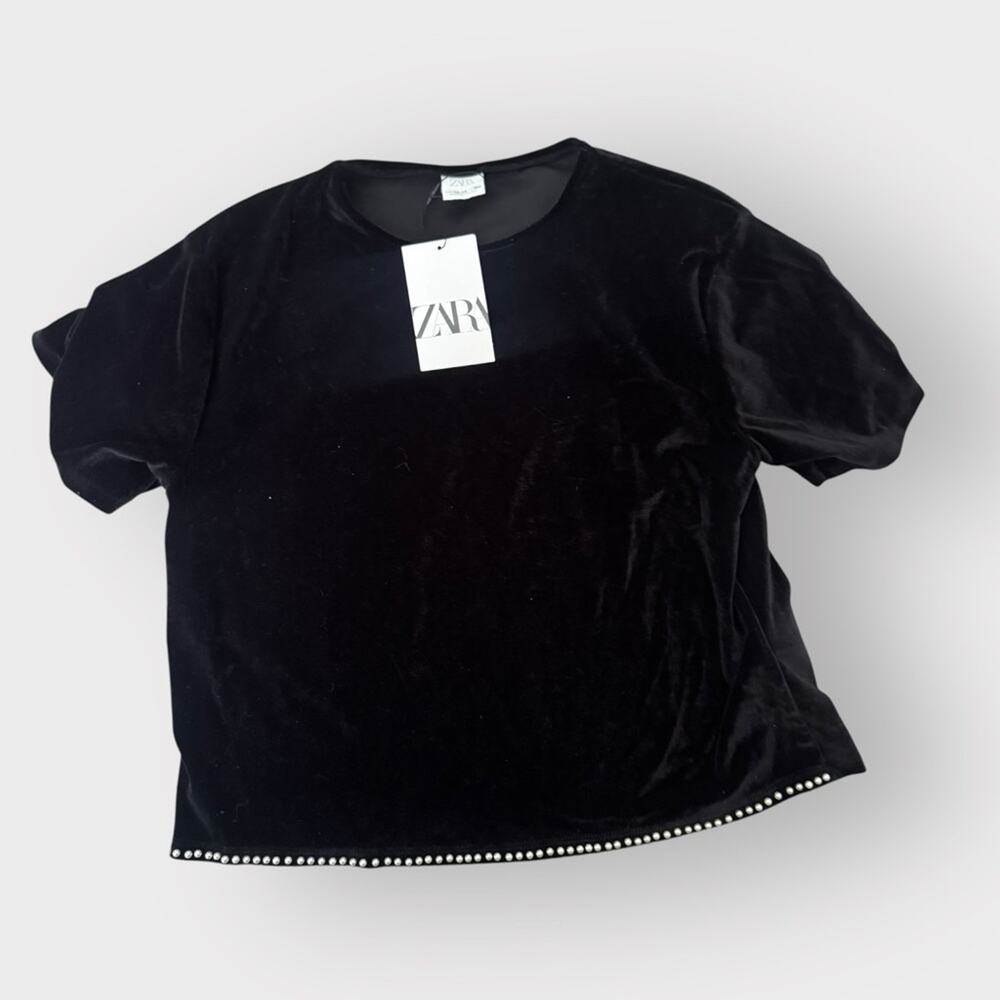 NEW Zara Girls black velvet top with beaded trim accent, size 13/14